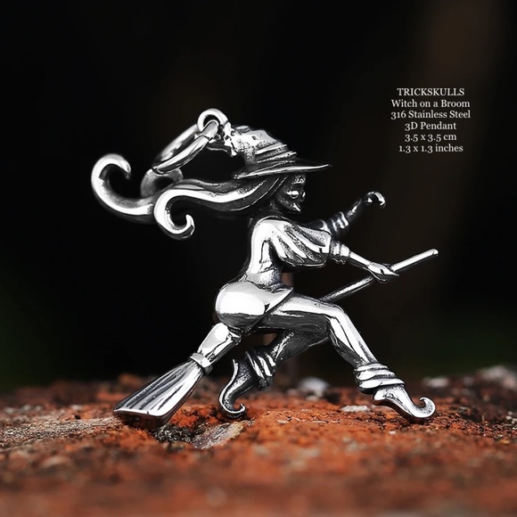 Witch on a Broom Wiccan 316 Stainless Steel 3D Two Sided + 60 cm Round Box Chain - Picture 6 of 8